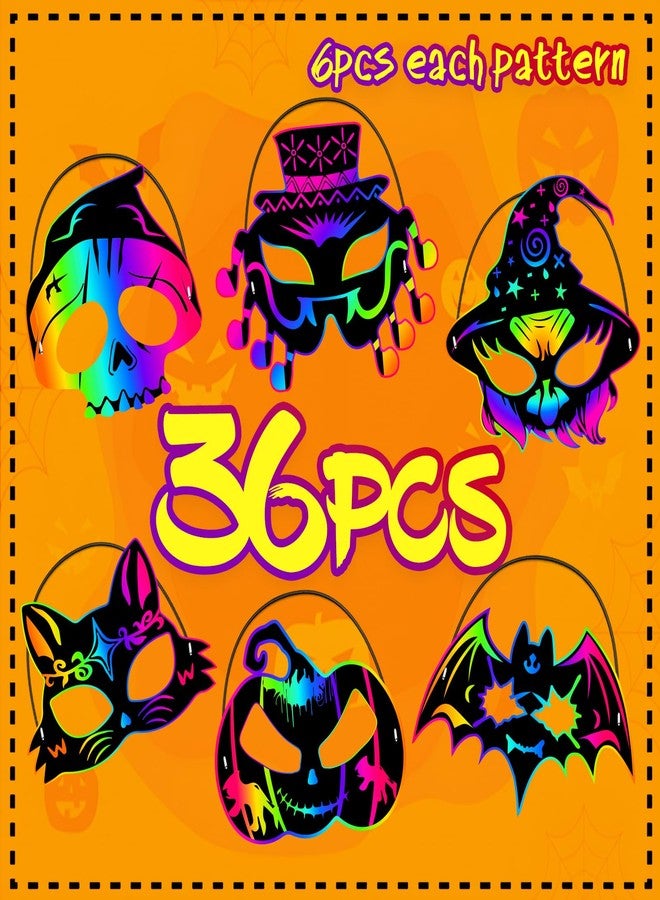 JMUQ Halloween Crafts Scratch Mask for Kids, 36Pcs Halloween Games Scratch Art Craft Kit Rainbow Paper for Party Favors Supplies Classroom Favors Activities - Image 3